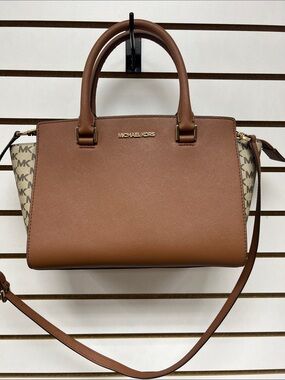 Michael Kors Brown & Logo Canvas Saffiano Satchel